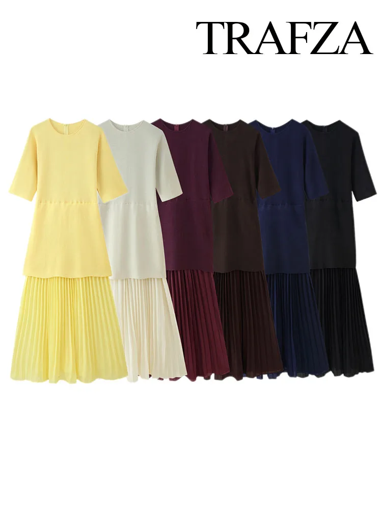 

TRAFZA Women Summer Fashion Crew Neck Short Sleeve Splicing Decorate Knitted Pleated Dress Female Vintage Rear Zipper Long Dress