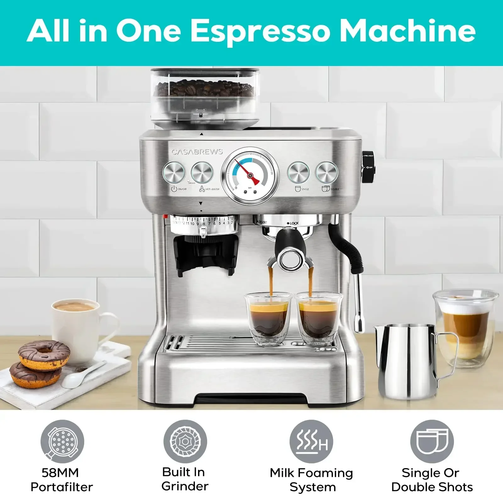 CASABREWS Espresso Machine With Grinder, Professional Espresso Maker With Milk Frother Steam Wand, Barista Latte Machine With Re