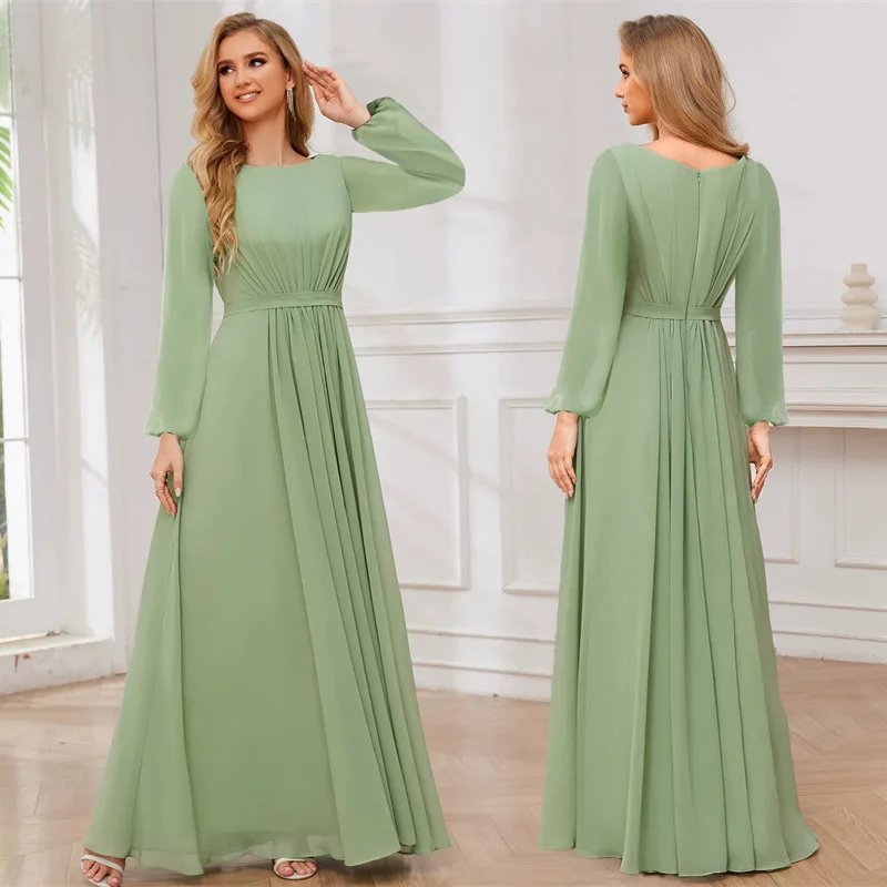 a-line-chiffon-bridesmaid-dresses-long-sleeve-o-neck-sashes-pleat-elegant-wedding-party-formal-prom-evening-zipper-back
