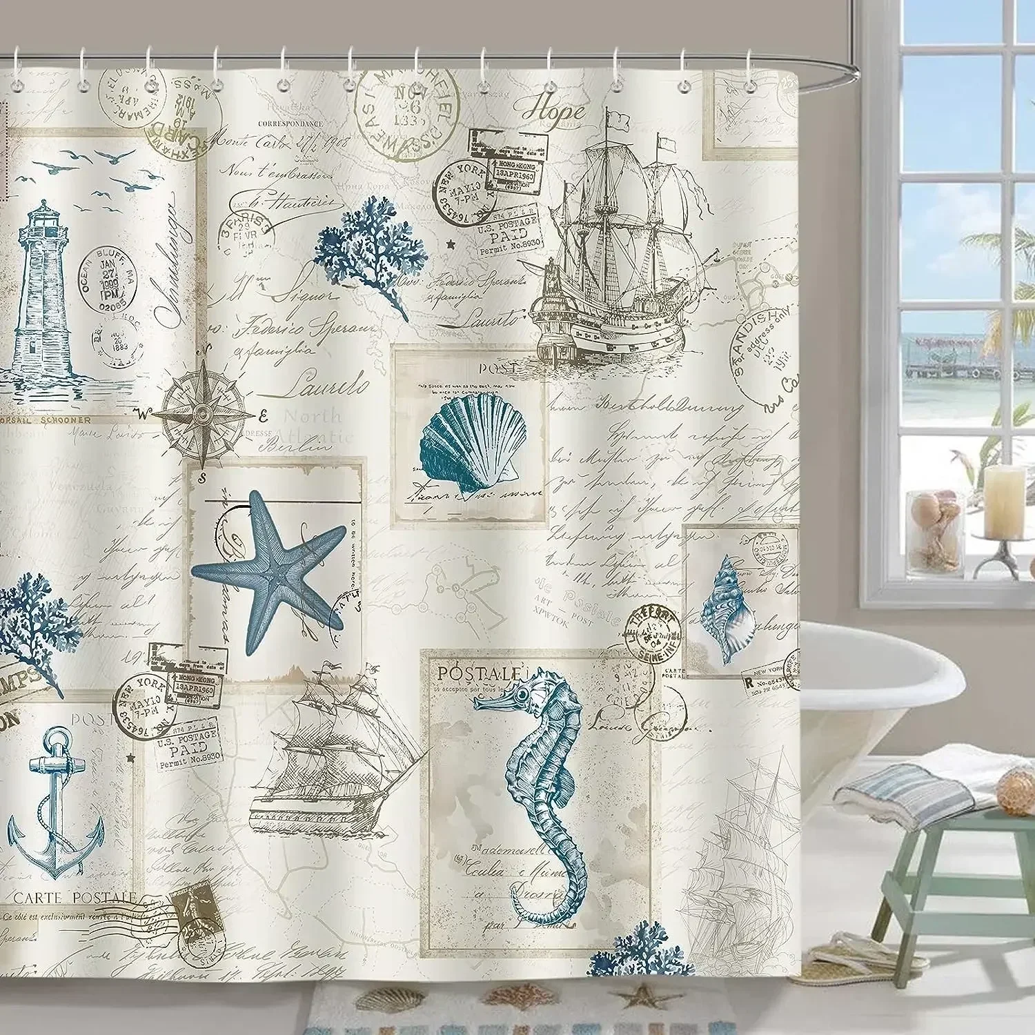 Nautical Lighthouse Shower Curtain, Beach Seashell Starfish Waterproof Fabric Machine Washable for Bathroom Bathtub Decor
