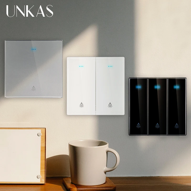 UNKAS White Black Gray Glass 1 / 2 / 3 / 4 Gang 1 / 2 Way On / Off Wall Light Switch Large Aperture LED Backlight Outlet