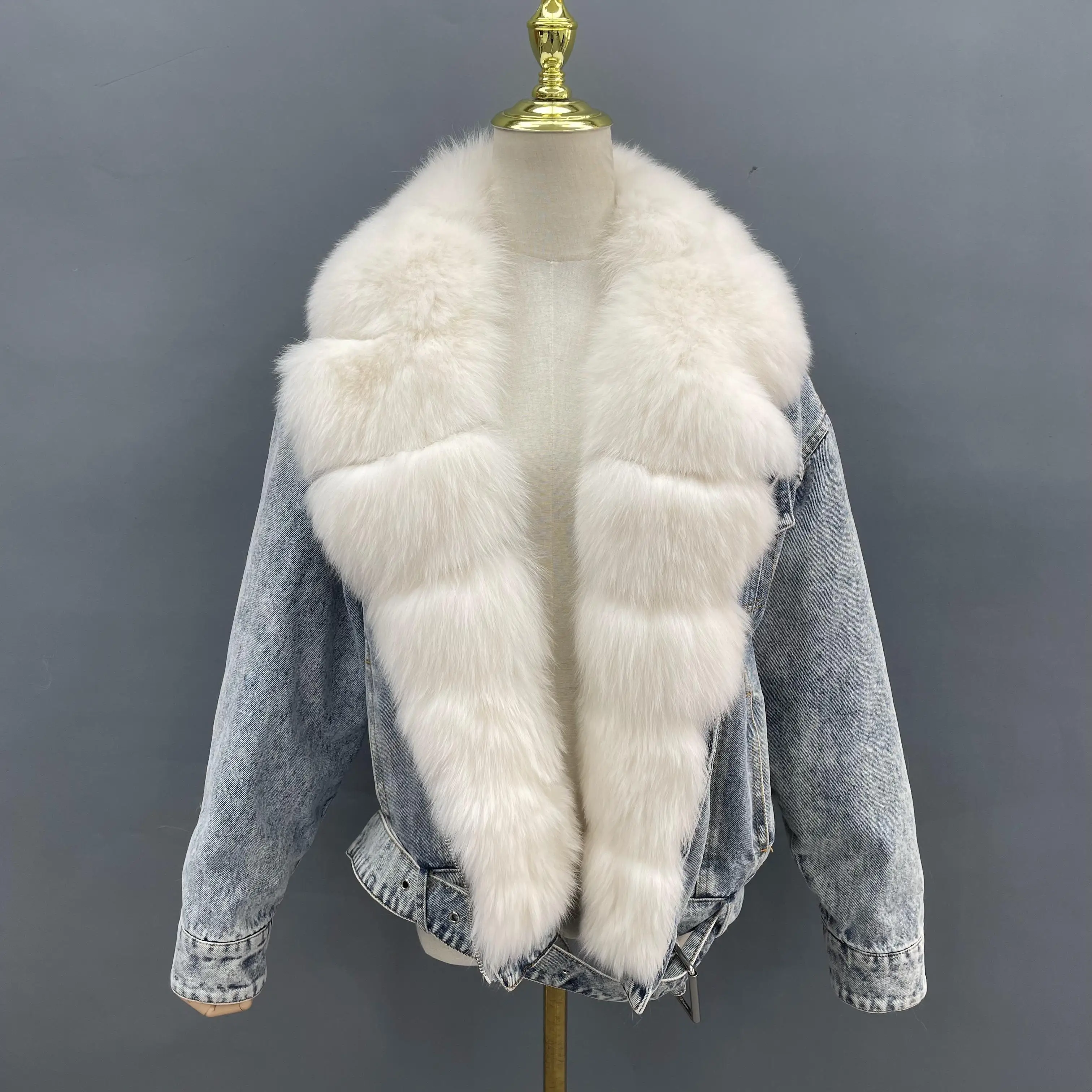 

2023 Women Down Coat Big Fox Fur Collar Winter Warm Outerwear Goose Down Denim Jacket