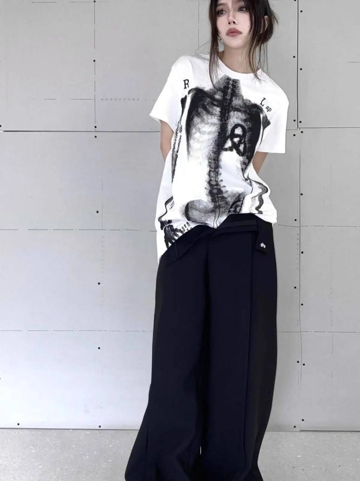 2025 nieuwe subcultuur streetwear T-shirt unisex Y2K schedelprint zwart wit Japanse punk rock zomertop