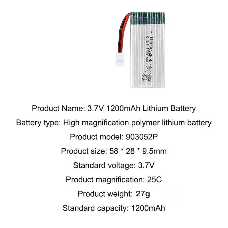 3.7V 903052  1200mAh 25C Rechargeable Battery Polymer Lithium Real Capacity Polymer Li-po for Drone Aircraft Plane  XH2.54 Plug