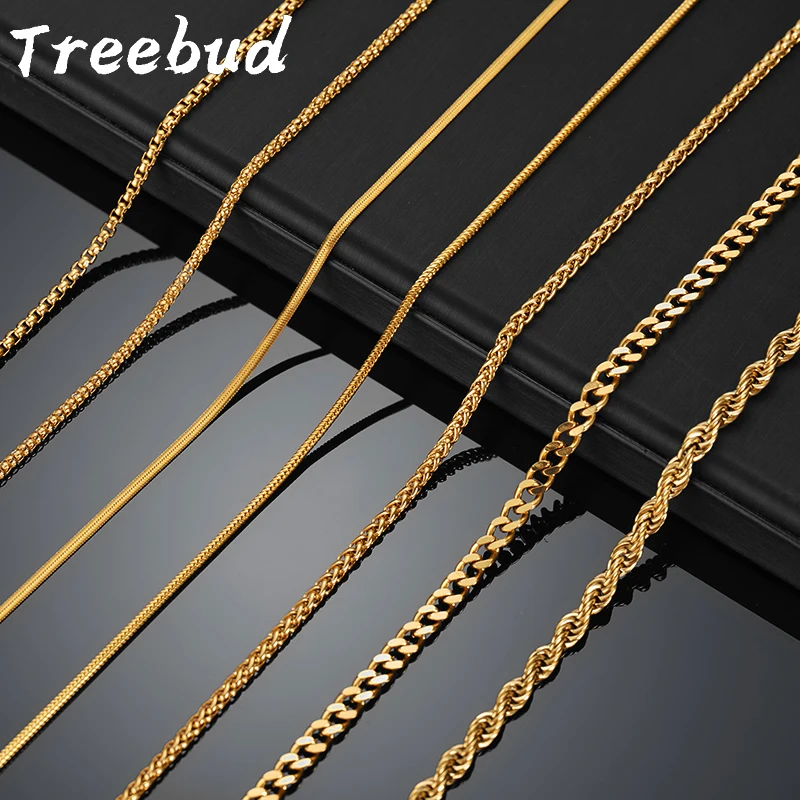 Treebud 3mm 40cm/50cm/60cm Gold Color Chain Necklace Stainless Steel Punk Cuban Chain Rope Chain Snake Chain Necklaces Jewelry