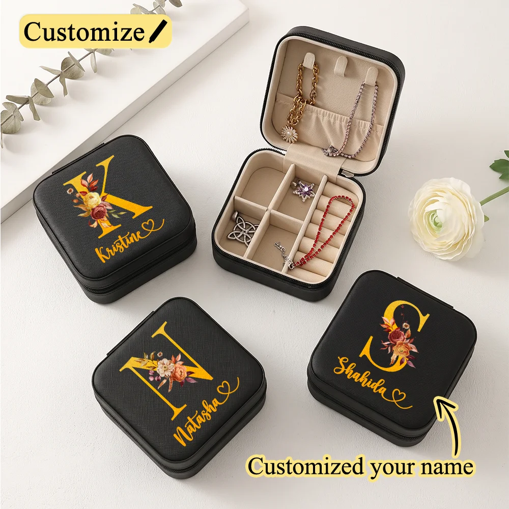 Customized Gold Initials Flower Jewelry Box,Bridesmaid/Women Gift,Portable Travel Leather Necklace Ring Jewelry Storage Box