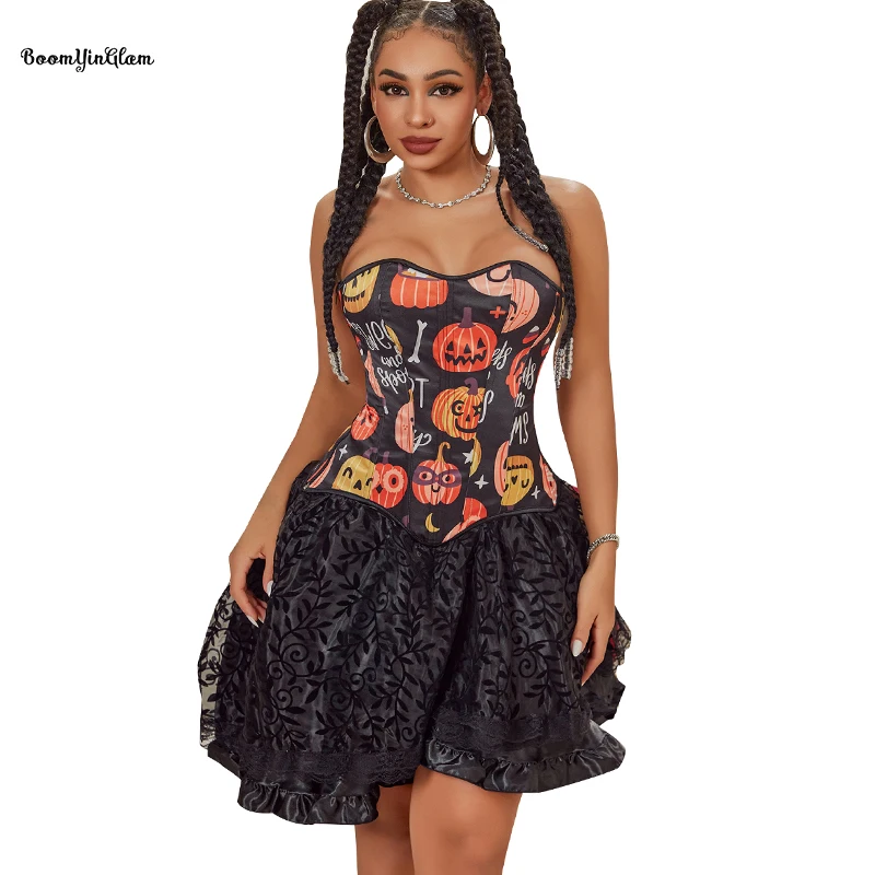 Side Zip Push Up Corset Top Pumpkin Smile Face Pattern Halloween Women Clothing Vintage Corselet Plus Size Xs-XL