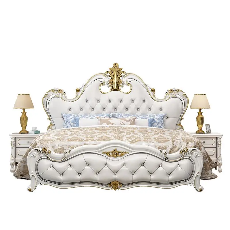 New Design French Luxury Bedroom Bed Furniture European Royal Classic Carved Queen King Size Solid Wood Frame Leather Double Bed view 3