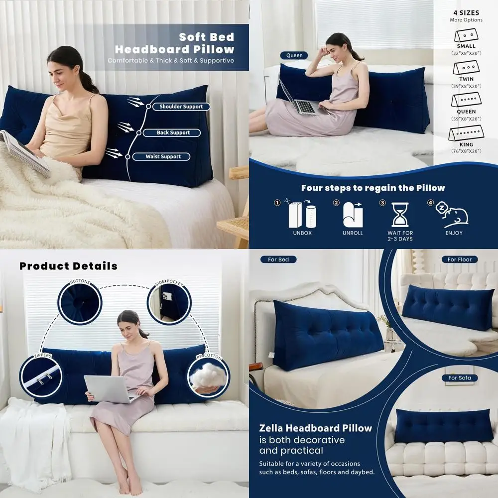 

Темно-синяя треугольная подушка размера Queen для поддержки изголовья кровати и комфорта чтения