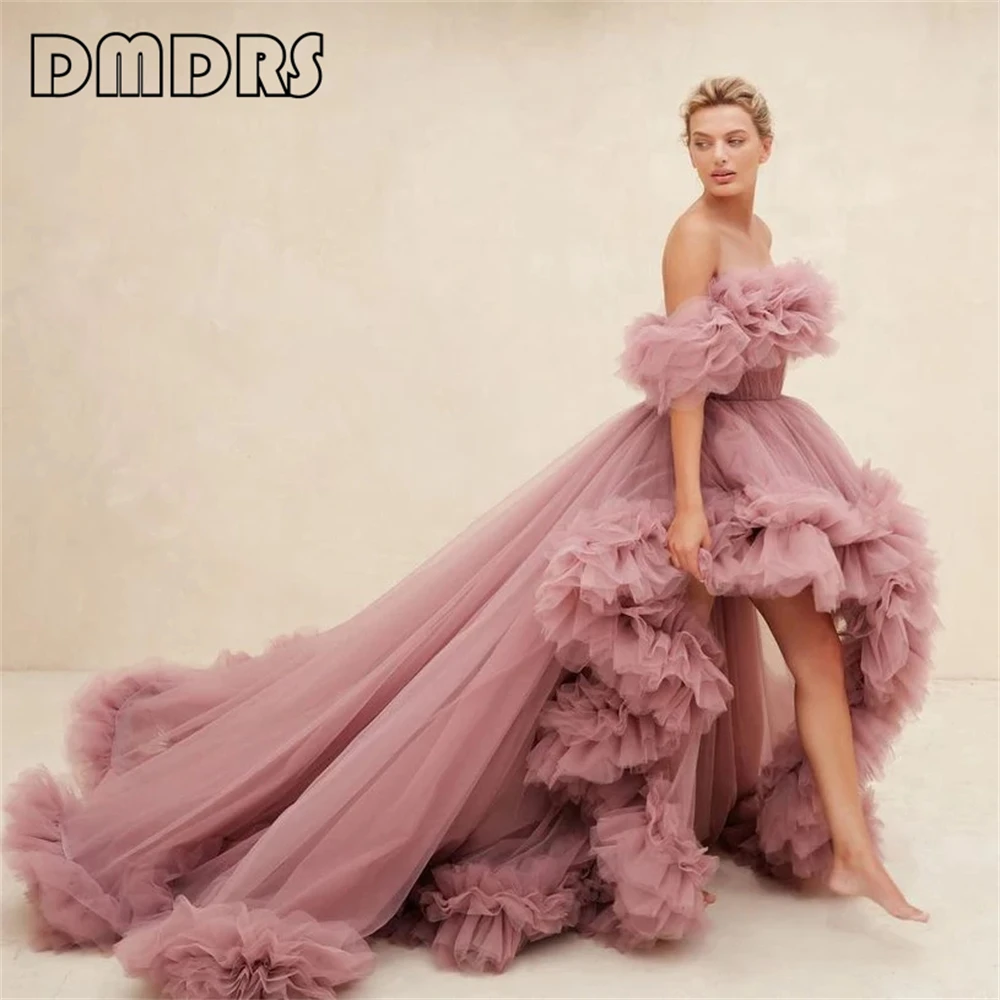 DMDRS | Vestido de baile de tule alto e baixo, ombro de fora, babados, longo, princesa, vestido de baile para sessão de fotos