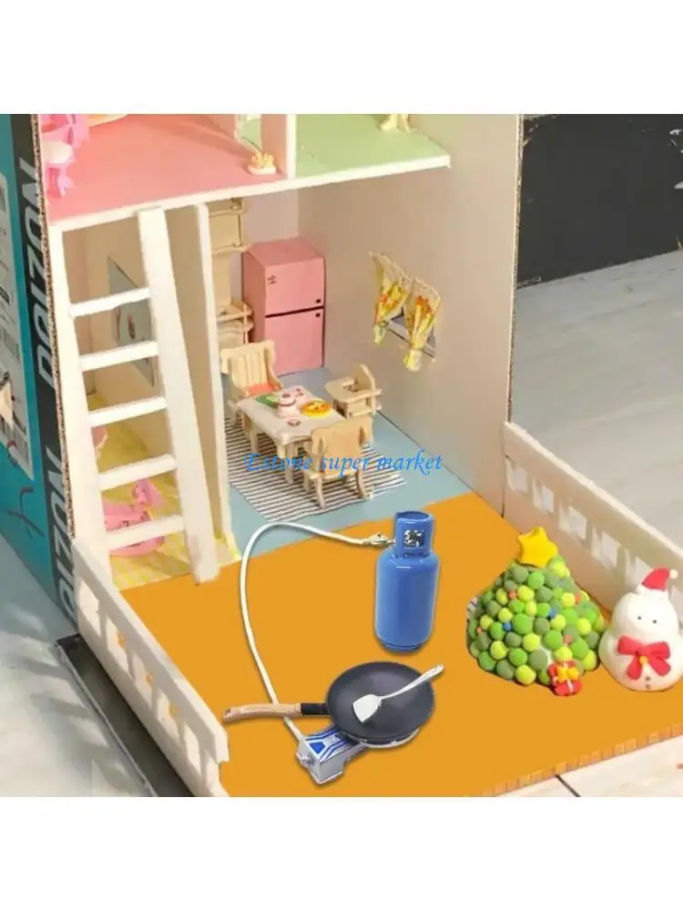 090B 1/12 Scale Miniature Dollhouses Stove with Pots and for Dollhouses Kitchen Room Setting Model Display Decoration