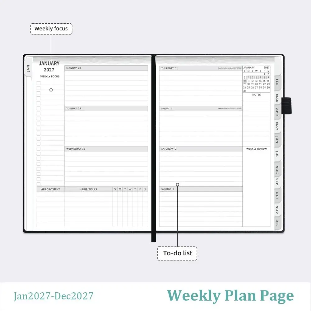 Portable A5 2027 Schedule Book Planner Reminder Textured PU Daily Planner Book To Do List Agenda Book Office Supplies