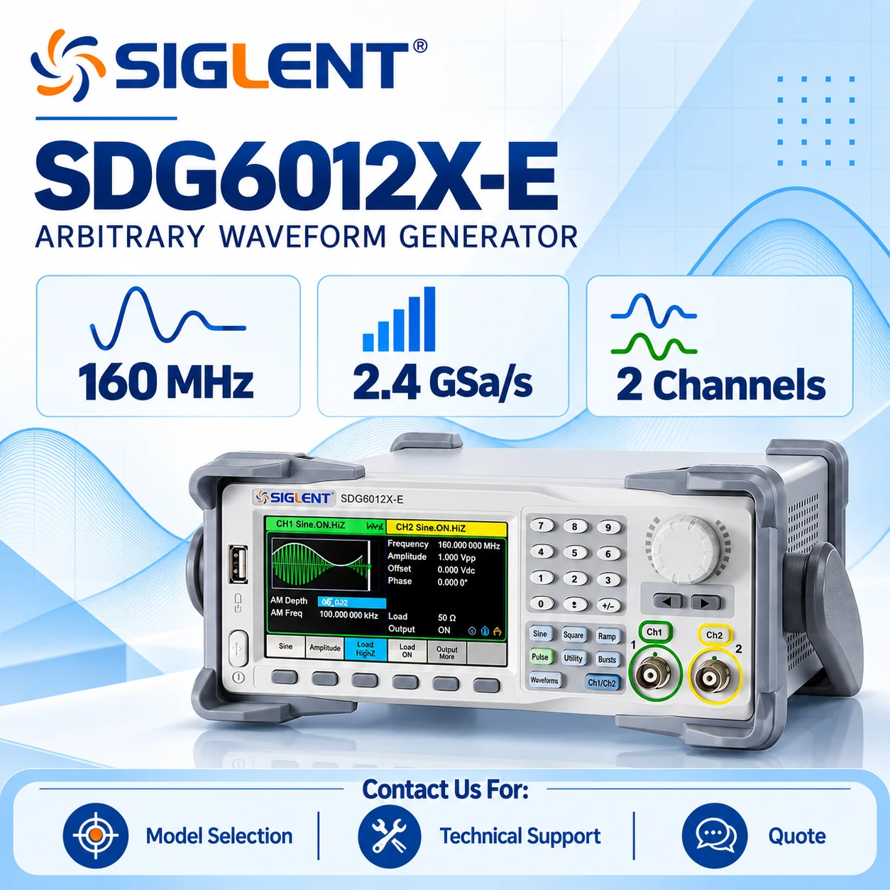 SIGLENT SDG6000X-E Arbitrary Function Generator, SDG6012X-E/6022X-E/6032X-E/6052X-E, Dual Channel, 160-500MHz, 2.4GSa/s, 16-bit