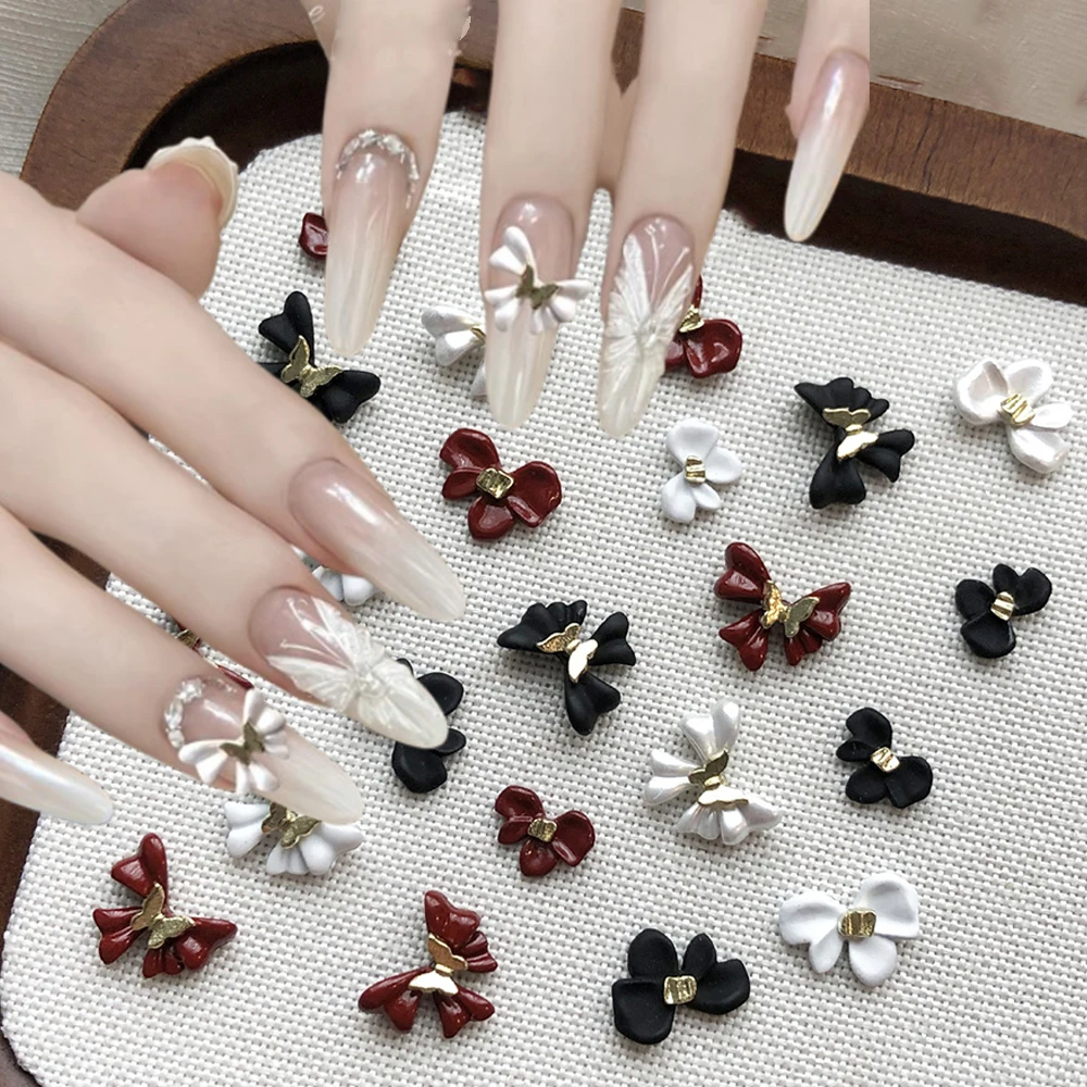 5pcs/bag White/Black/Black Metal Spray Painting Bowknot Nail Charms 9x10cm Alloy Bowknot Nail Art Decor DIY New Year Bow Parts