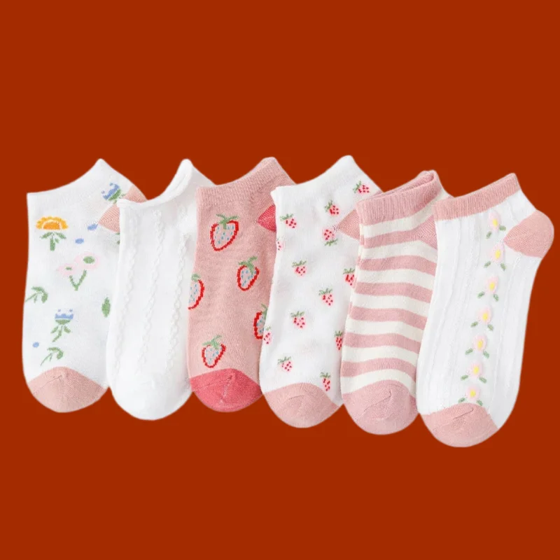 

6/12 Pairs Pink Strawberry Thin Socks Children Shallow Mouth Invisible Socks Cute Sweet Women's High Quality Women's Boat Socks