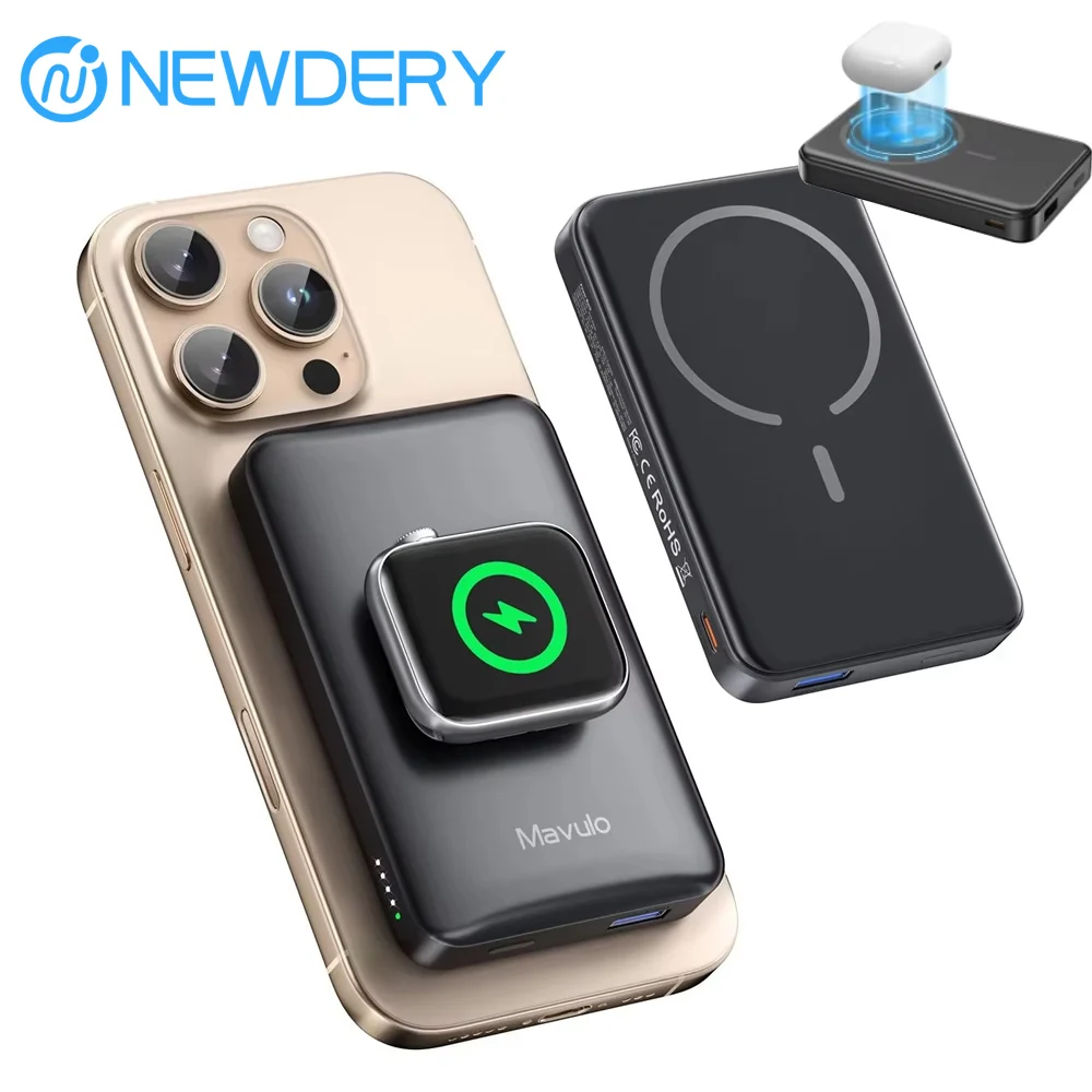 NEWDERY 4 in 1 Magnetic Power Bank Portable Charger for Apple Watch/iPhone 16/15/14/13/Airpods/Galaxy Magsafe Battery Pack