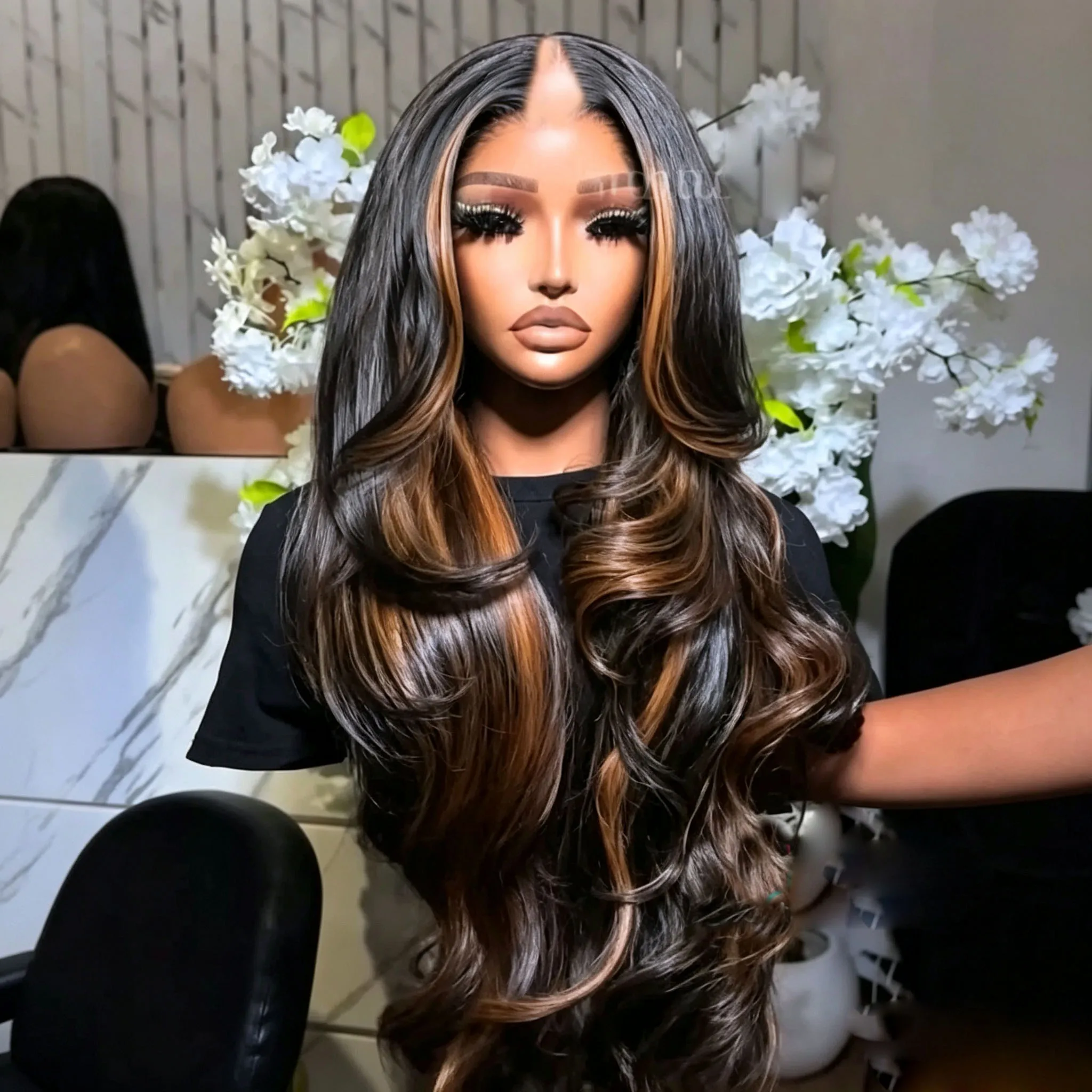 Brown Highlight Balayage Easy Install Natural Wave Honey Blonde Human Hair U Part Wigs Black Women Hair Replacement V Part Wigs