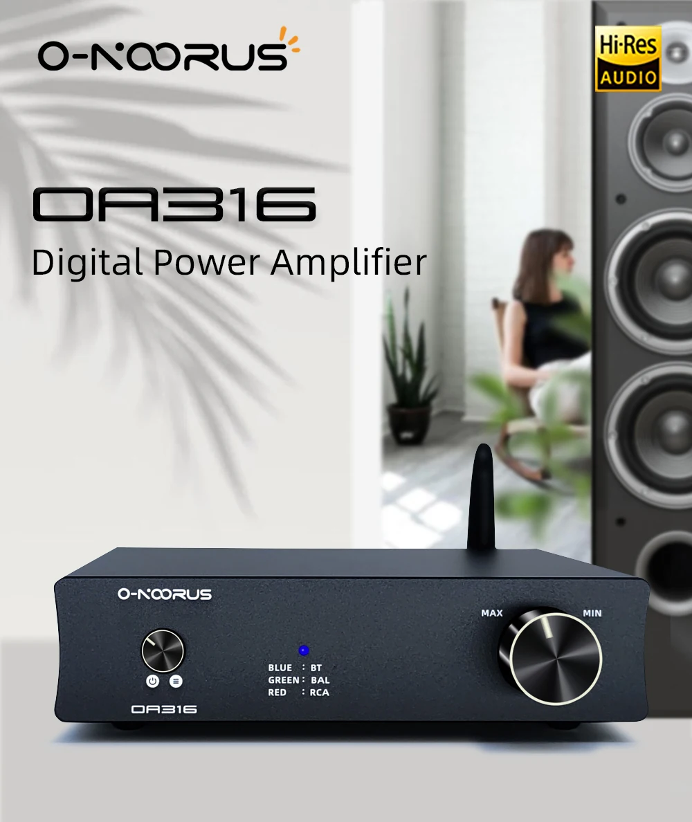 

O-NOORUS OA316 Dual TPA3116 Power Amplifier 200W Fully Balanced HIFI Class D Bluetooth 5.0 Speaker Receiver Aptx RCA TRS Input