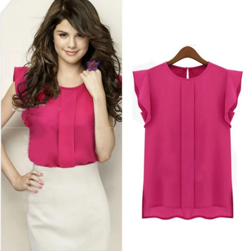 Women Candy Color Chiffon Round Collar Short Ruffle Sleeve Loose Shirt Blouse Tops