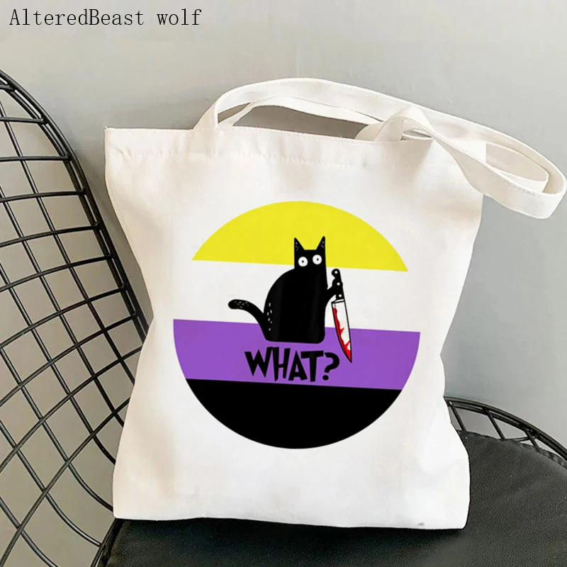 Women Shopper bag Rainbow halloween cat knife Bag Harajuku Shopping Canvas Shopper Bag girl handbag Tote Shoulder Lady Bag