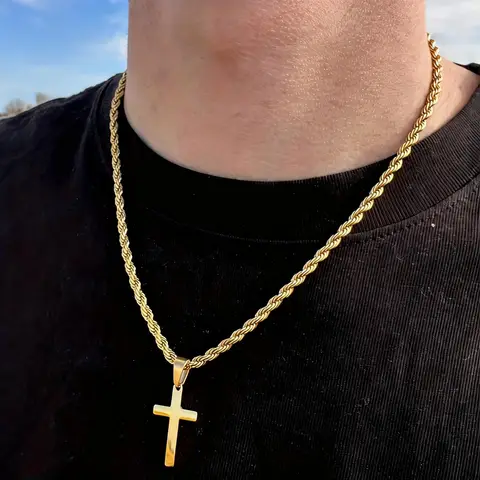 18K Gold Plated Twisted Rope Cross Necklace | Men's Stainless Steel Pendant | Hypoallergenic, Couple Gift, Father's Day Gift