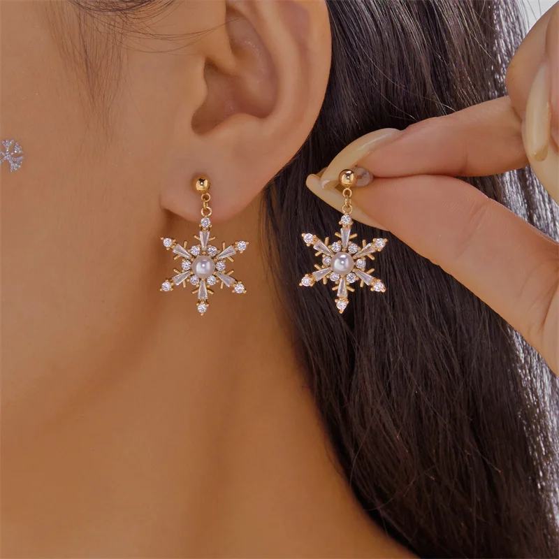 Christmas Rhinestone Snowflake Drop Earrings for Women Fashion Imitation Pearl Stud Earring New Year Party Jewelry Gifts