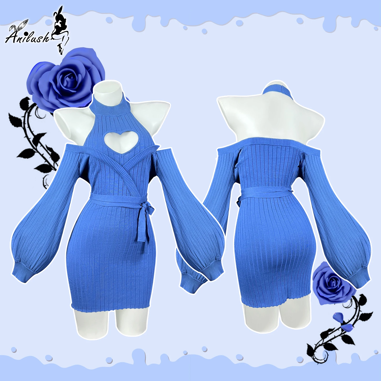 

KORURACLUB autumn and Heart pattern Sexy Blue Knitted dress stockings straps Backless Soft girl Turtleneck sweater