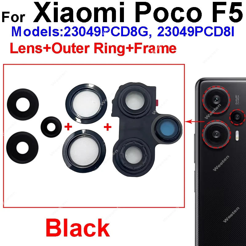Rear Camera Glass Glass Lens Frame For Xiaomi Poco F5 F5 Pro Back Main Camera Lens Glass Frame Cell Phone Repair Parts