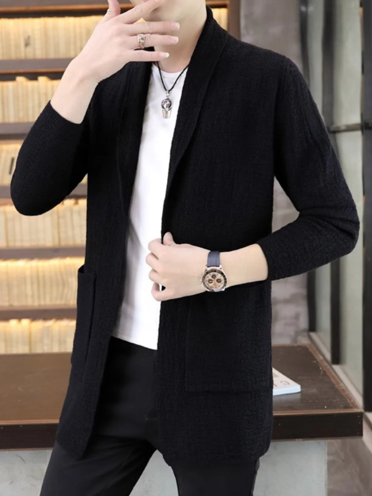 

Мужской вязаный кардиган, повседневный, длинный, модный, весенне-осенний, свободного кроя, с открытым передом, V-образный вырез, свитер-пальто