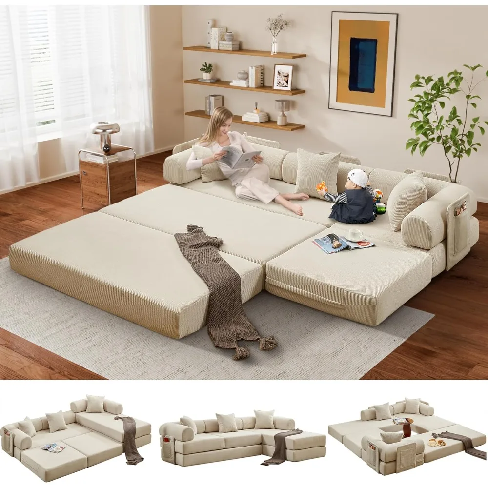 

L Shaped Modular Sofa Bed with Cylindrical Pillow & Reversible Chaise, Corduroy Folding Floor Convertible Sofa Couch Bed with Fi