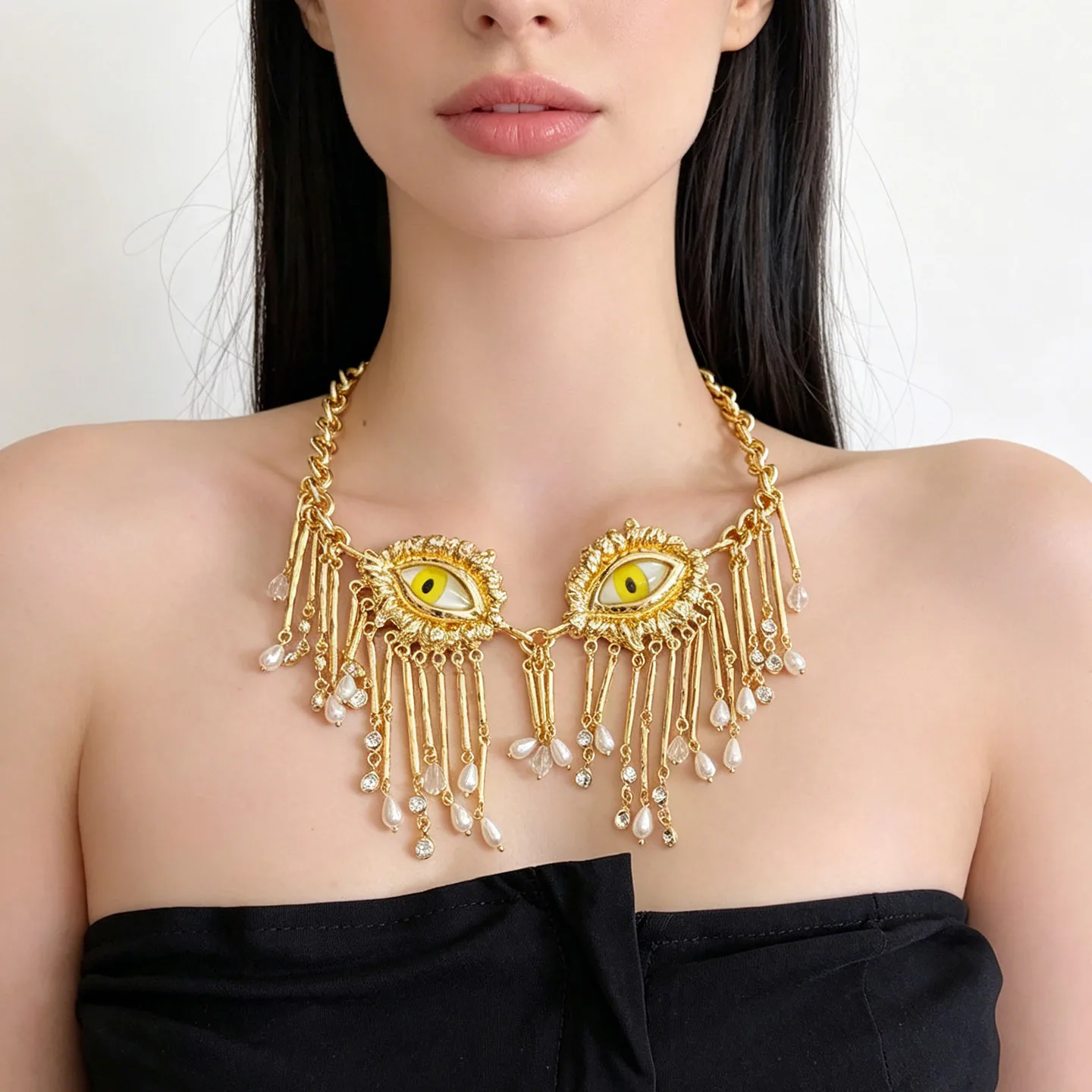 

Fashion Gold Evil Eye Tassel Pearl Necklace, Light Luxury High-end Exaggerated Clavicle Chain, Personality Party Jewelry Gift fo