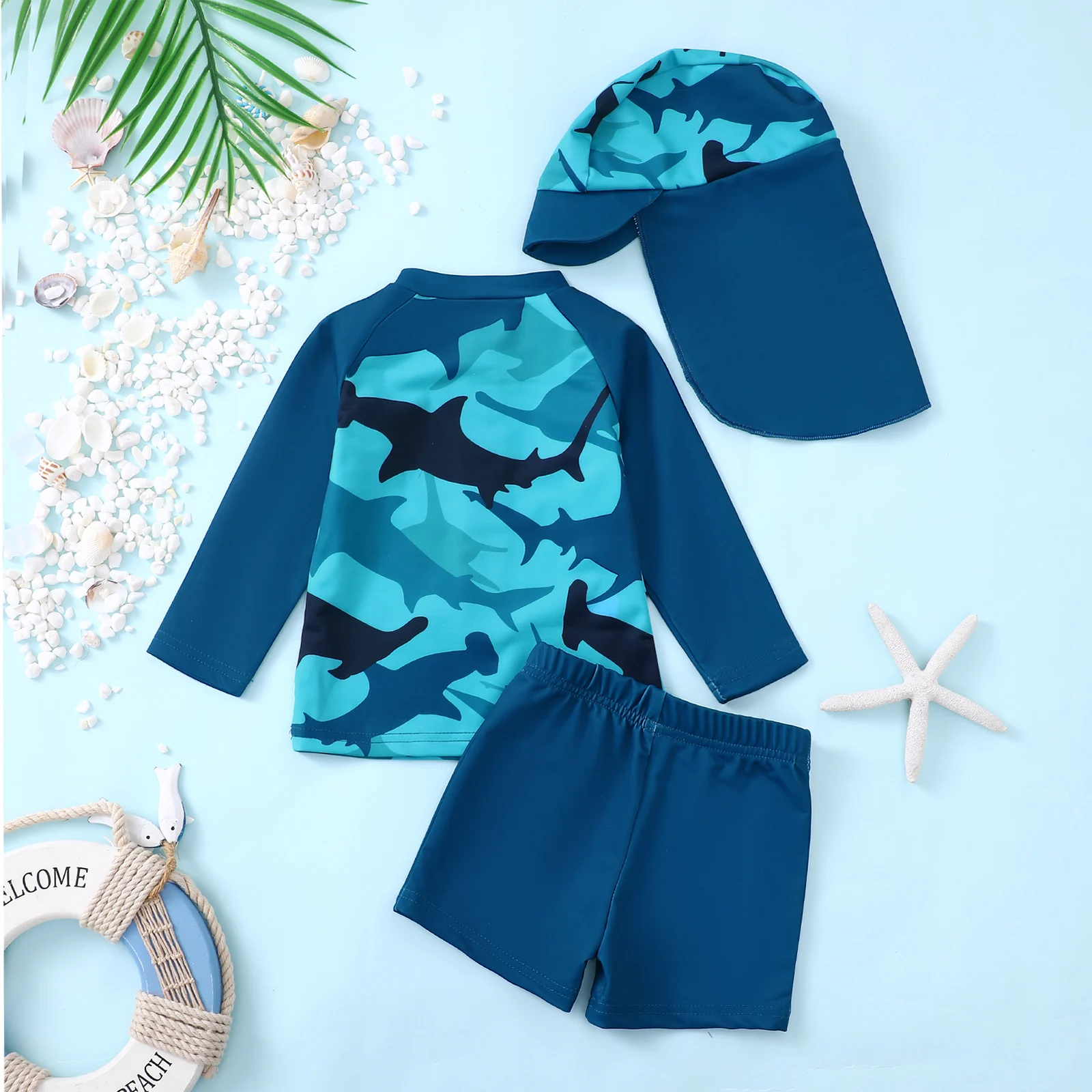 Shark Print Baby Swimsuit Set 8 Baby shark swimwear with sun hat