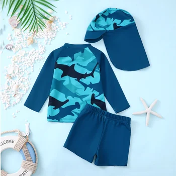 Shark Print Baby Swimsuit Set 2 Baby Boys Shark Print Swimsuit Set with Sun Hat Protective Clothing - Swimming Suit for Infants And Toddlers 2