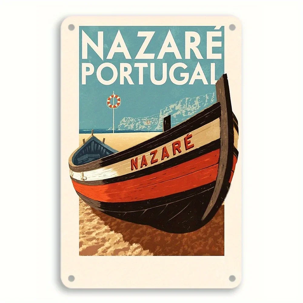 Vintage Nazare Portugal Metal Wall Art Poster,  - Classic Nautical Design with Red,Black Boat, Durable Iron Material, Indoor/