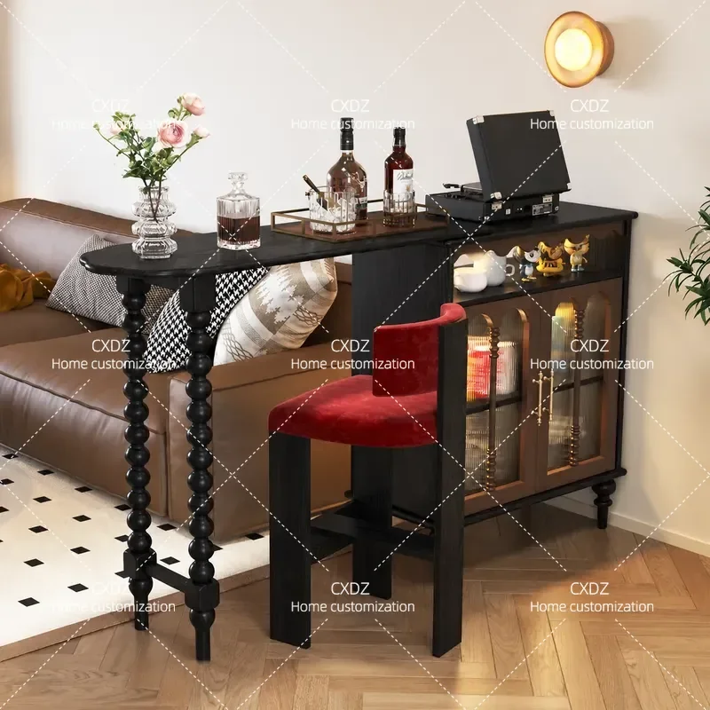 Retractable Solid Wood Bar Counter with Integrated Side Cabinet Small Apartment Partition Balcony Island Table Living Room