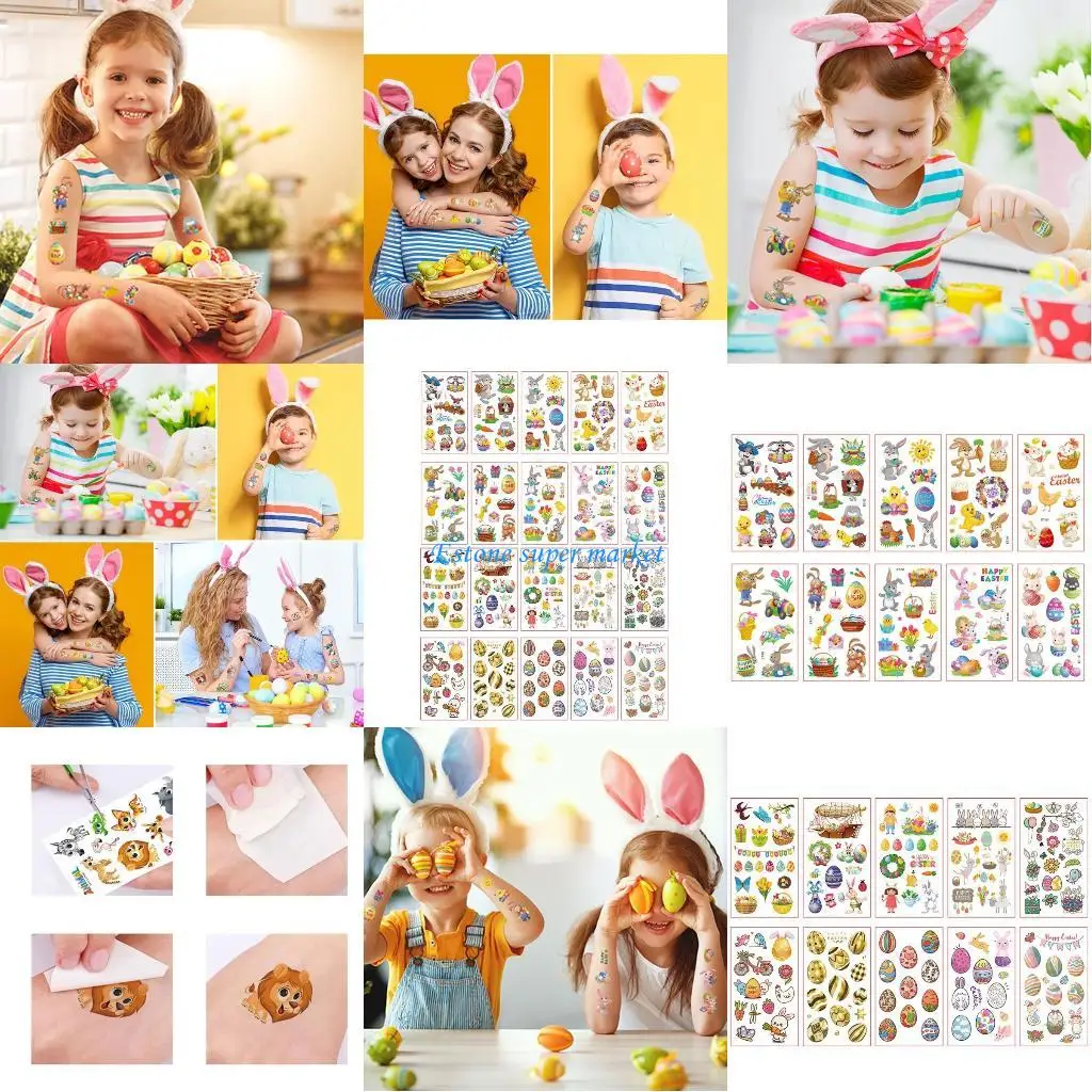 

090B 10 Pcs Cartoon Body Fake Easter Stickers Temporary Easter Egg Tattoos A/B Styles for Children Festival Gatherings