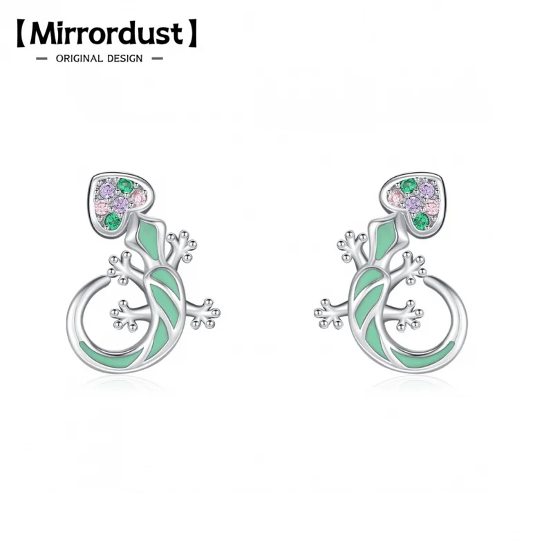 

【Mirrordust】S925 Серебряные милые серьги-гвоздики с радужным цирконием в виде ящерицы для женщин, милые креативные эмалированные украшения для ушей