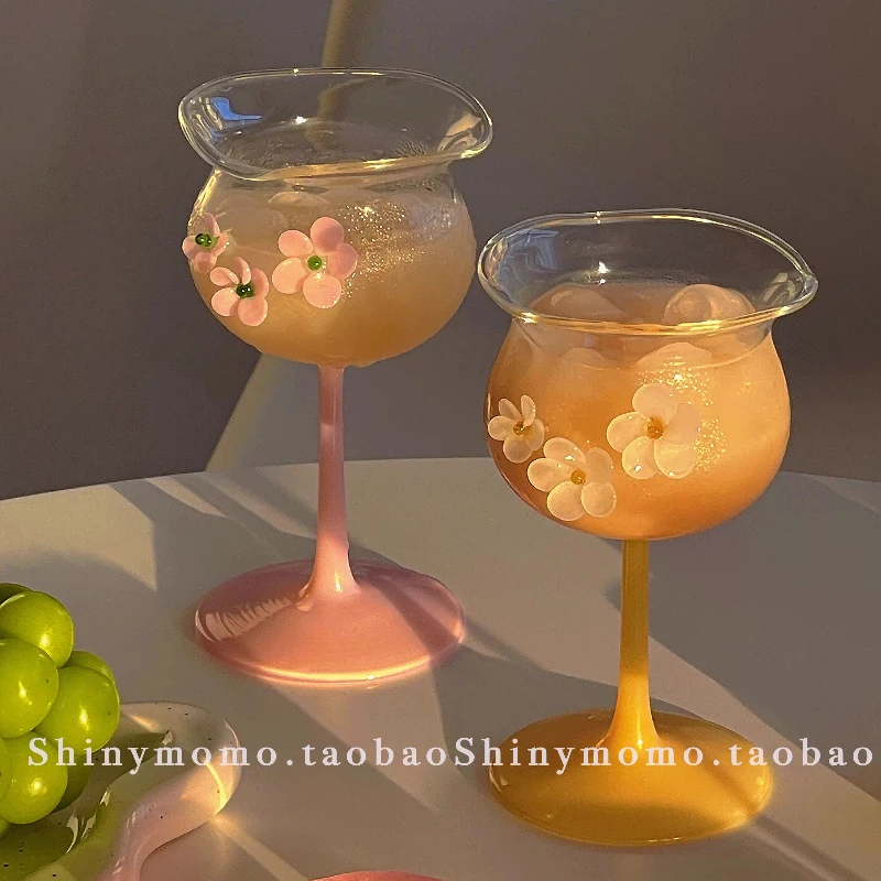

Colorful Creative Glass Cup, Unique High Stem Beverage Glass, Ins Stylish Flower Drinkware, Cute Decorative Glass for Parties
