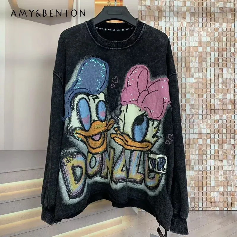 

Popular Design Y2k Hoodies 2025 Autumn Winter New Heavy Industry Loose Washing Water Cartoon Small Crew Neck Fashion Sweatshirts