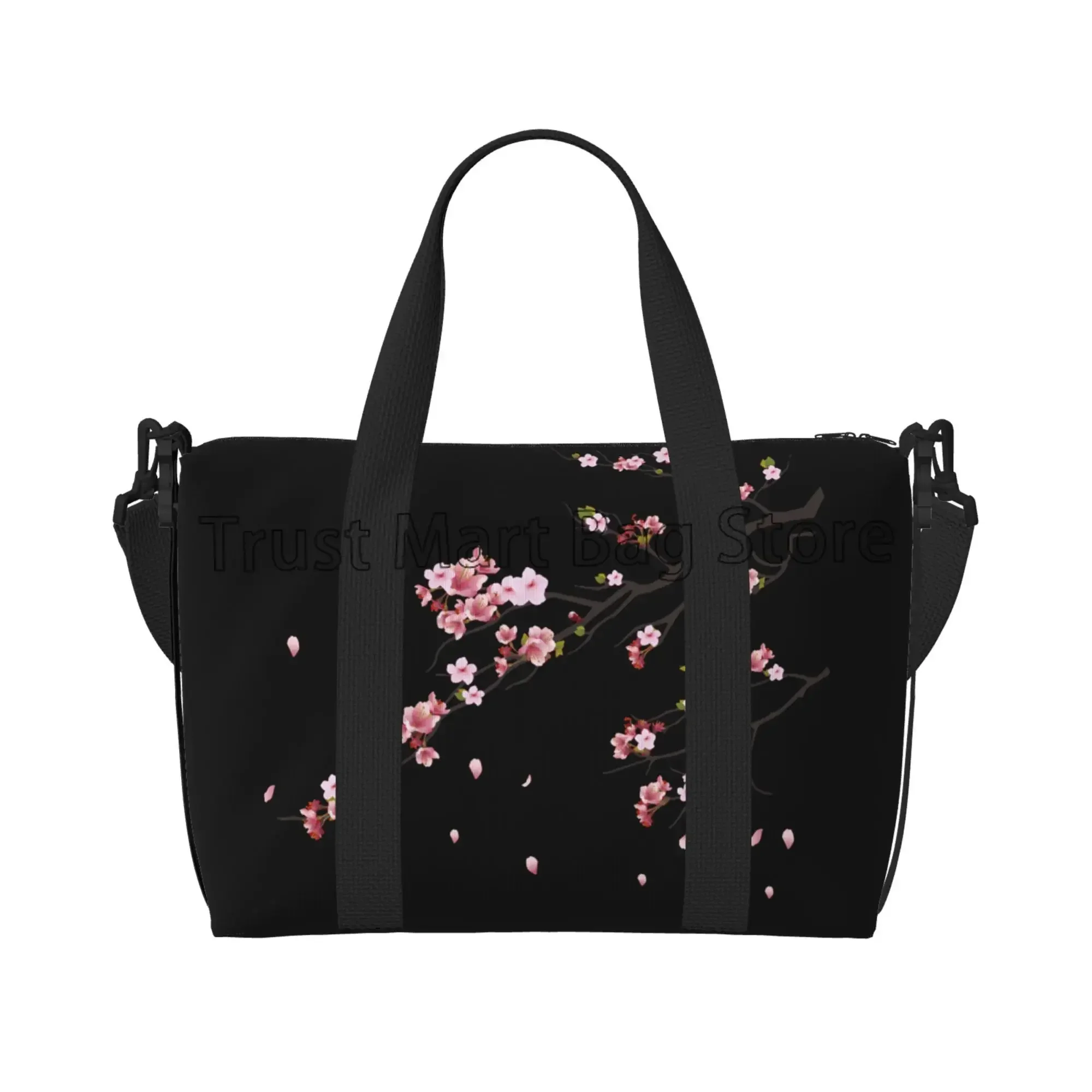 

Japanese Sakura Cherry Blossoms Black Travel Bag Women Weekender Overnight Bags Unisex Casual Waterproof Luggage Bag