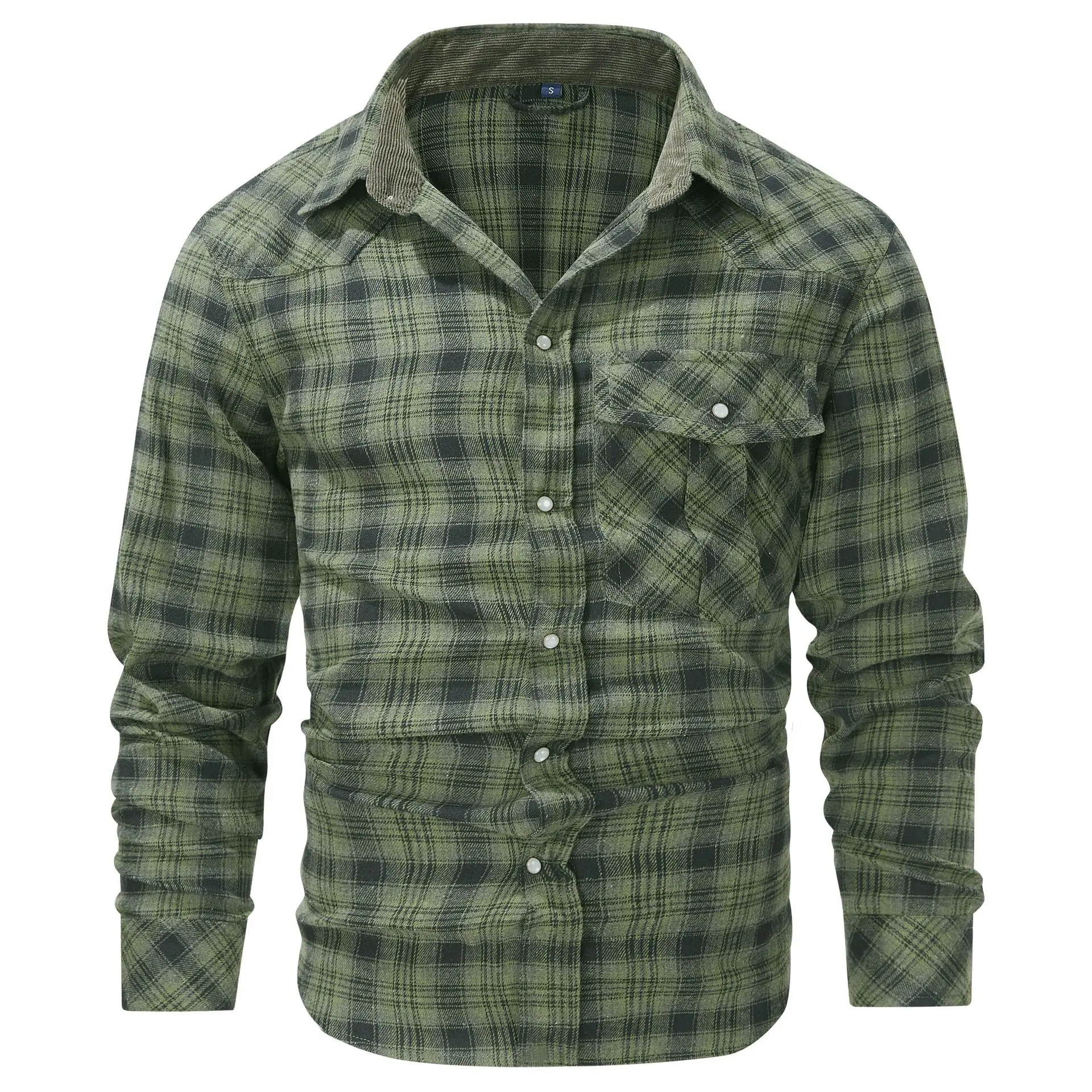 2026 Men's large-sized checked flannel shirt with vintage pearl buttons and western style long sleeves shirt US/European size.