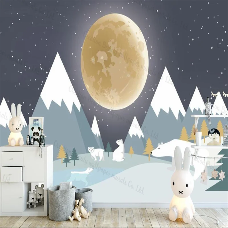 

Nordic Cartoon Polar Bear Geometric Snow Mountain Moon Children's Room Decor Custom Mural Wall Paper Kids Room Decor Wallpaper