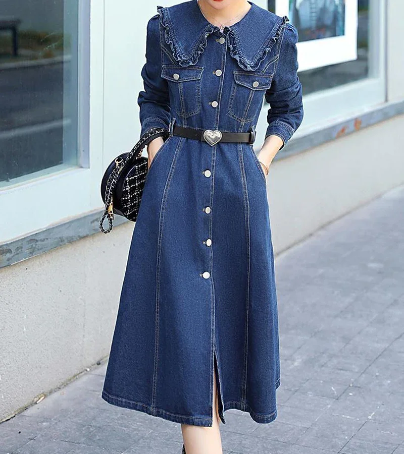 

With Belt Long-sleeved Denim Dress Women 2023 Spring and Fall New Korean Fashion Design Sense Age Reduction Casual Dresses