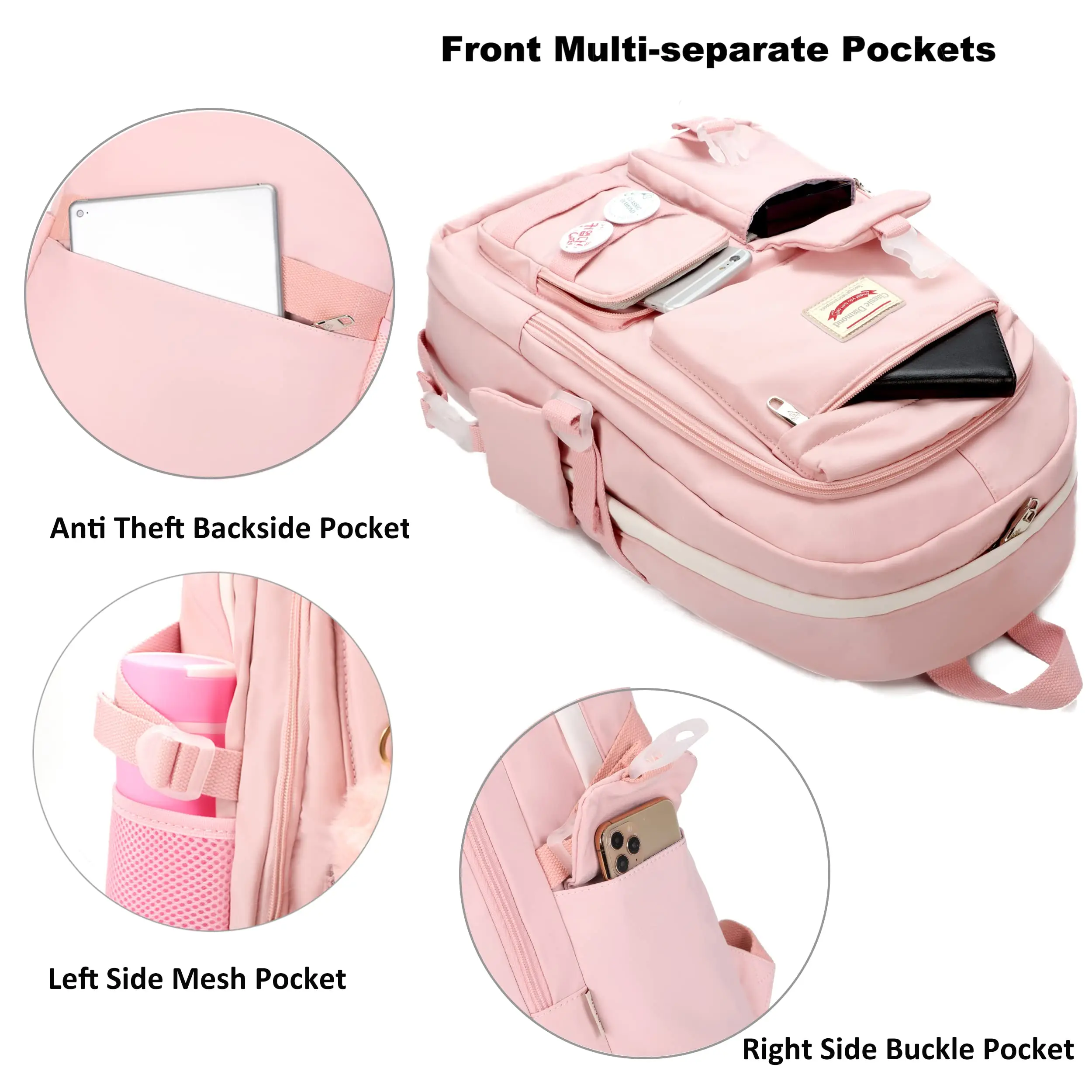 Tas sekolah ransel kuliah Anti Maling Daypack Travel tas buku besar untuk gadis remaja wanita siswa 15.6 inci (merah muda)