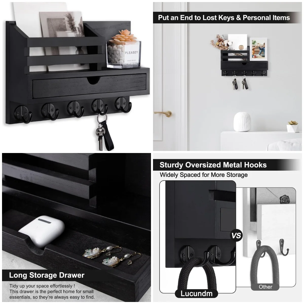 

Wall Mount Key Holder with Drawer & 5 Hooks for Entryway Organizing