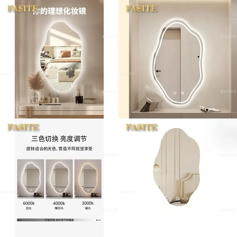 For Irregular Smart LED Makeup Mirror Wall Mounted Lighted Vanity Mirror for Bedroom Dresser Comb Storage Unique Shape Decor