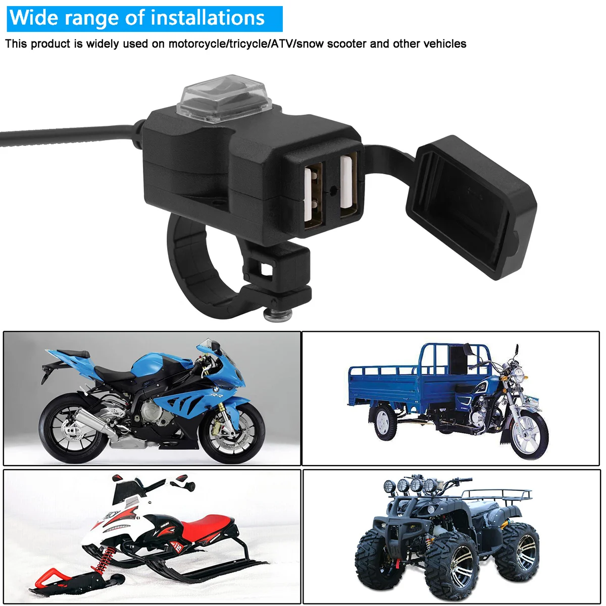 

Usb Motorcycle 3.1A Dual Ports Waterproof Power Socket Adapter High Temp Resistant For 12V Vehicles Black