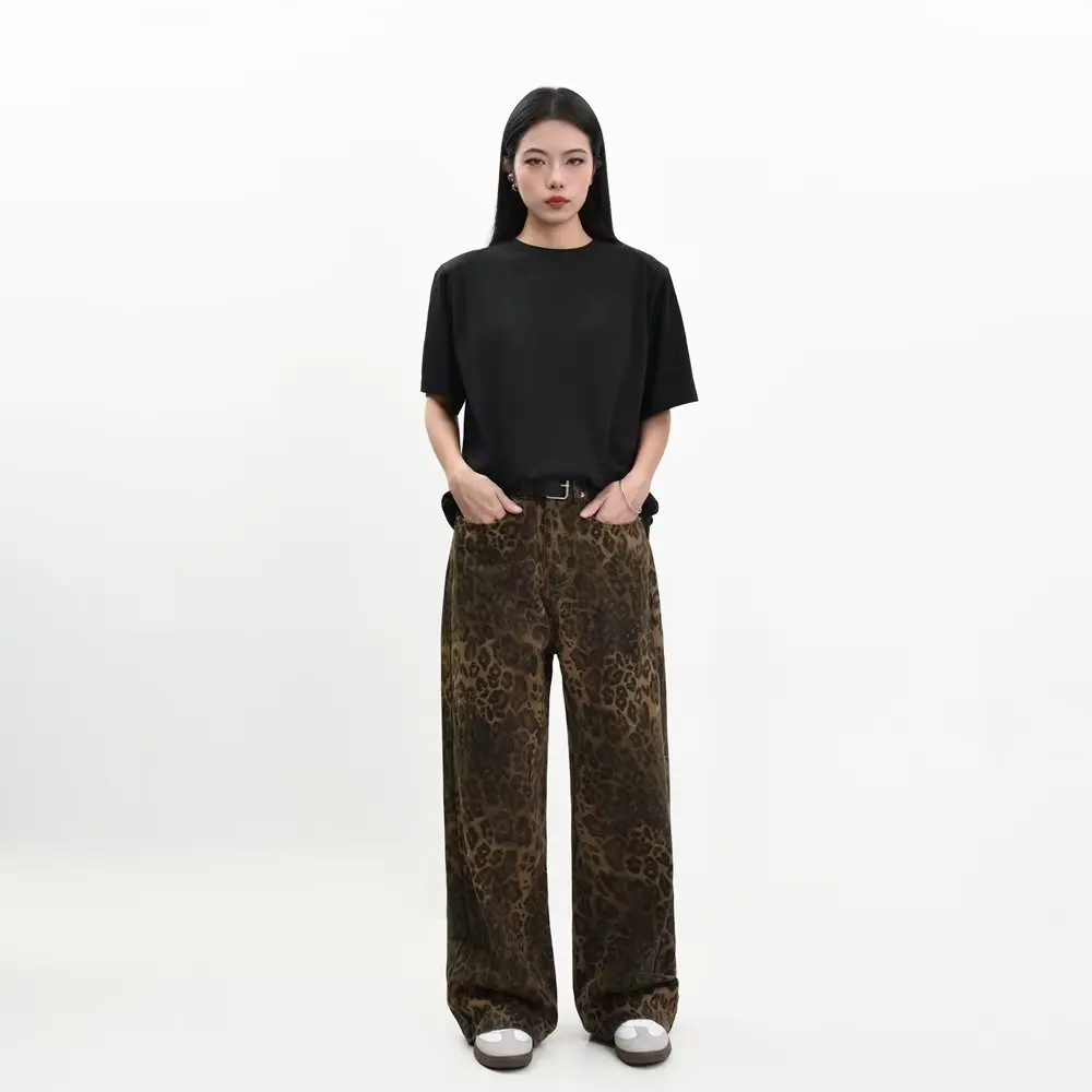 Vintage Leopard Denim Jeans Women Y2K Casual High Waist Loose Wide Leg Baggy Pants Harajuku Streetwear Female Straight Trousers