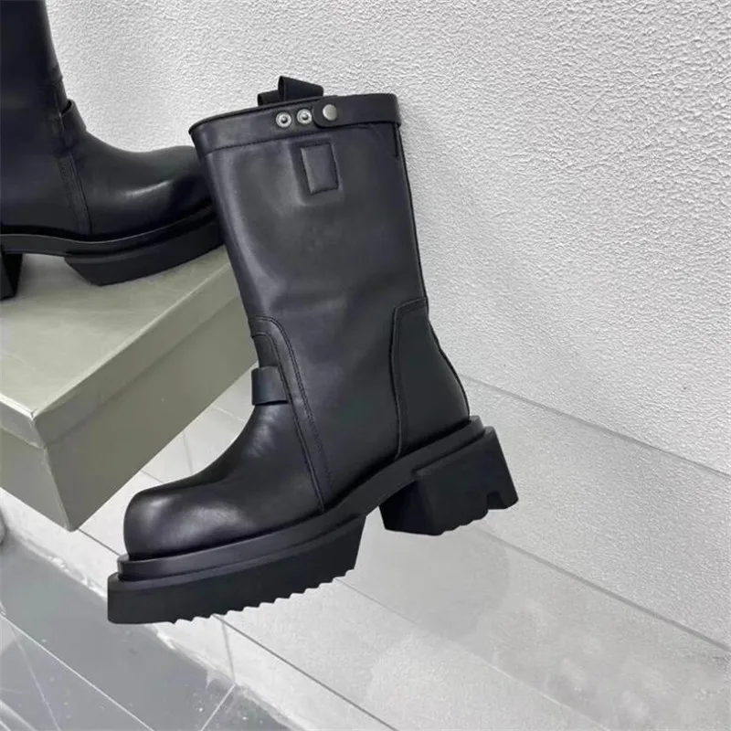 Fashion Woman Zip Man Black Boots Genuine Leather Man Thick Soled Ankle Boot