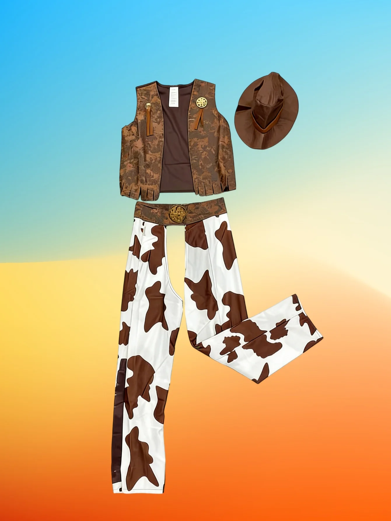 Kids western cowboy costume set with hat, vest & cow print trousers for party dressing up view 3